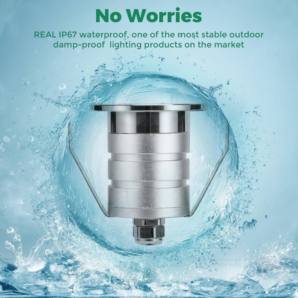 Recessed LED waterproof outdoor spotlight with round stainless steel lens housing and cable