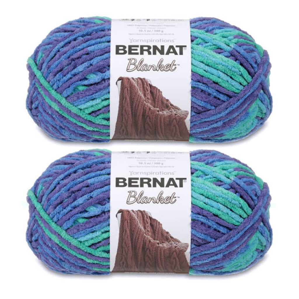 Variegated super bulky yarn skeins, blue-purple-green stripes with brown label cards