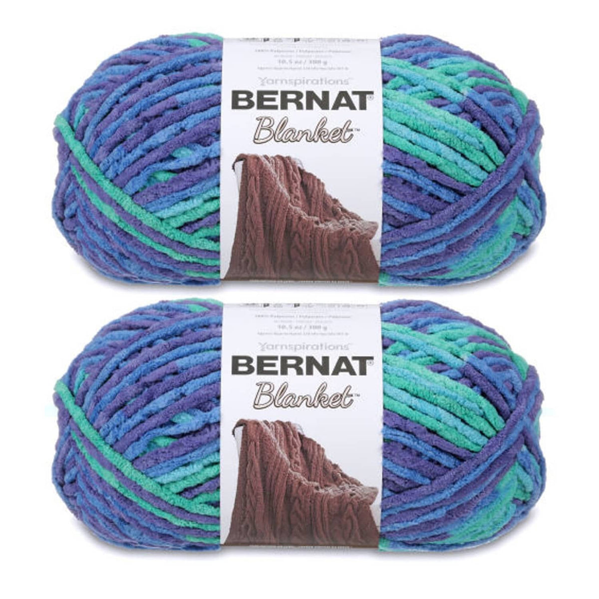 Variegated super bulky yarn skeins, blue-purple-green stripes with brown label cards