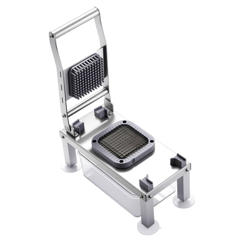 Handheld-style vegetable chopper frame with grating blade and clear collection drawer