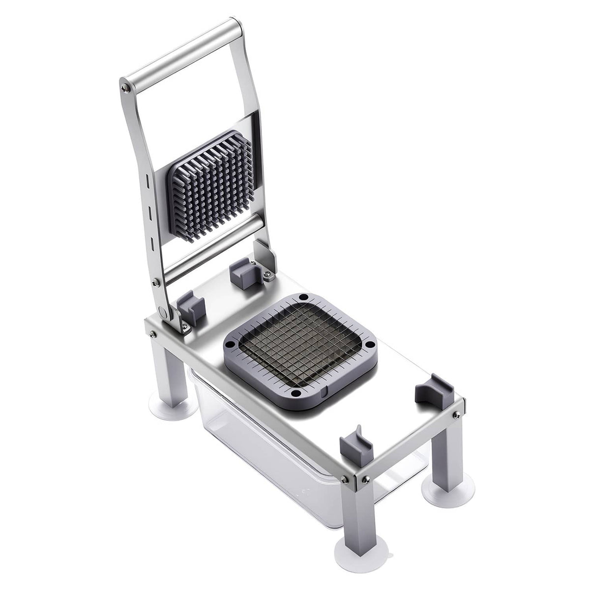 Handheld-style vegetable chopper frame with grating blade and clear collection drawer