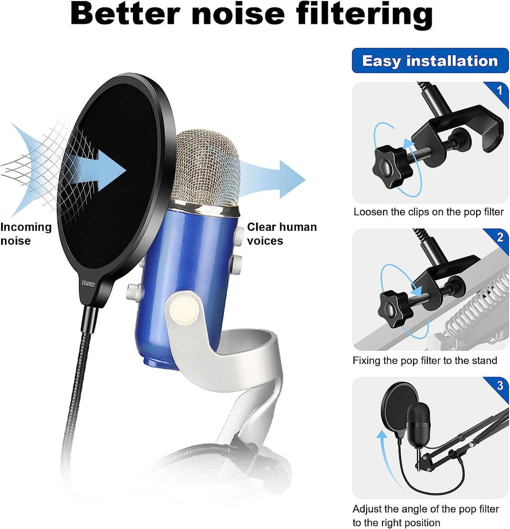 Pop filter shield with double-layer mesh shown in front of a microphone