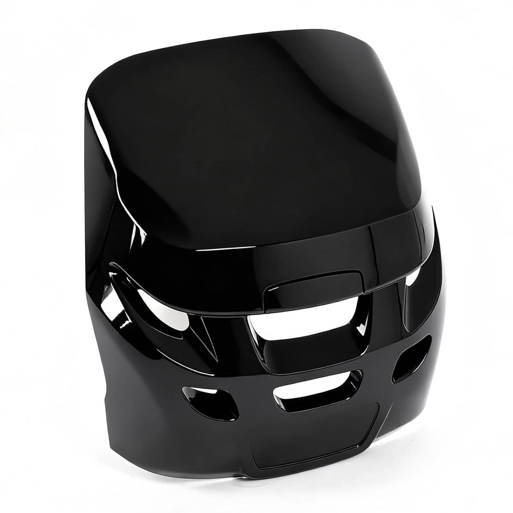 ABS outboard cowling airdam cap, black three-quarter view with side vent cutouts