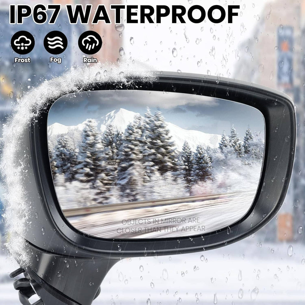 Black side mirror glass in a waterproof housing with raindrops on the lens