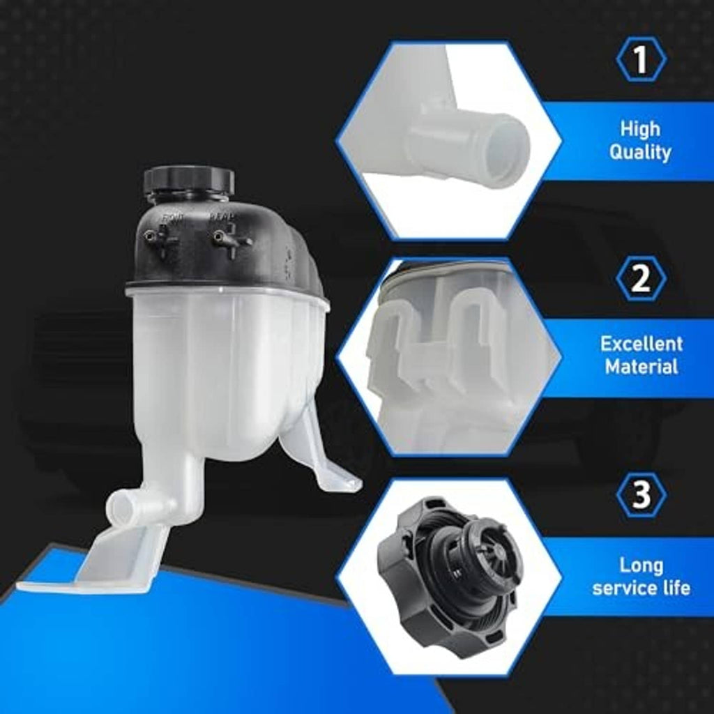 Coolant reservoir tank with black cap, showing inlet/outlet hose connections