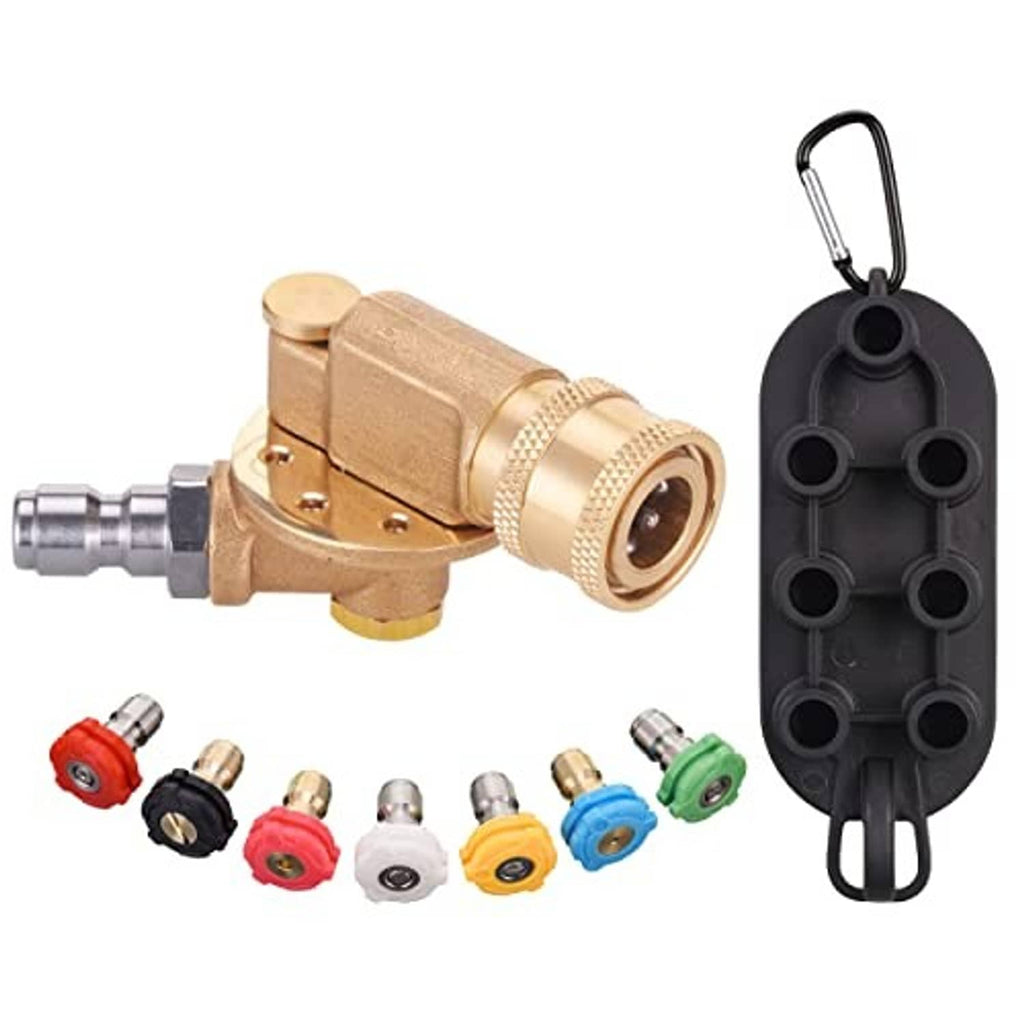 Brass pivoting pressure washer coupler with black mounting case and multiple color tips