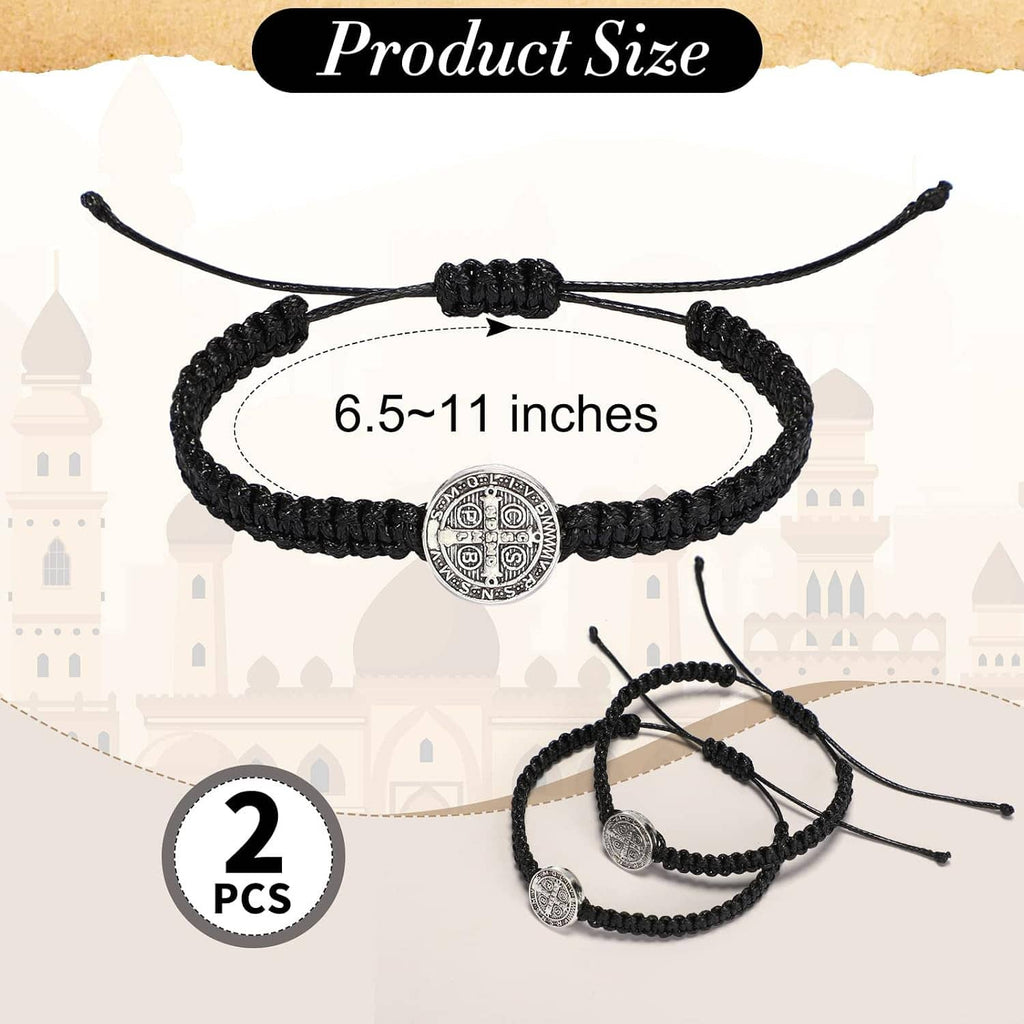 Two black braided adjustable bracelets laid flat, each with a silver Saint Benedict medal