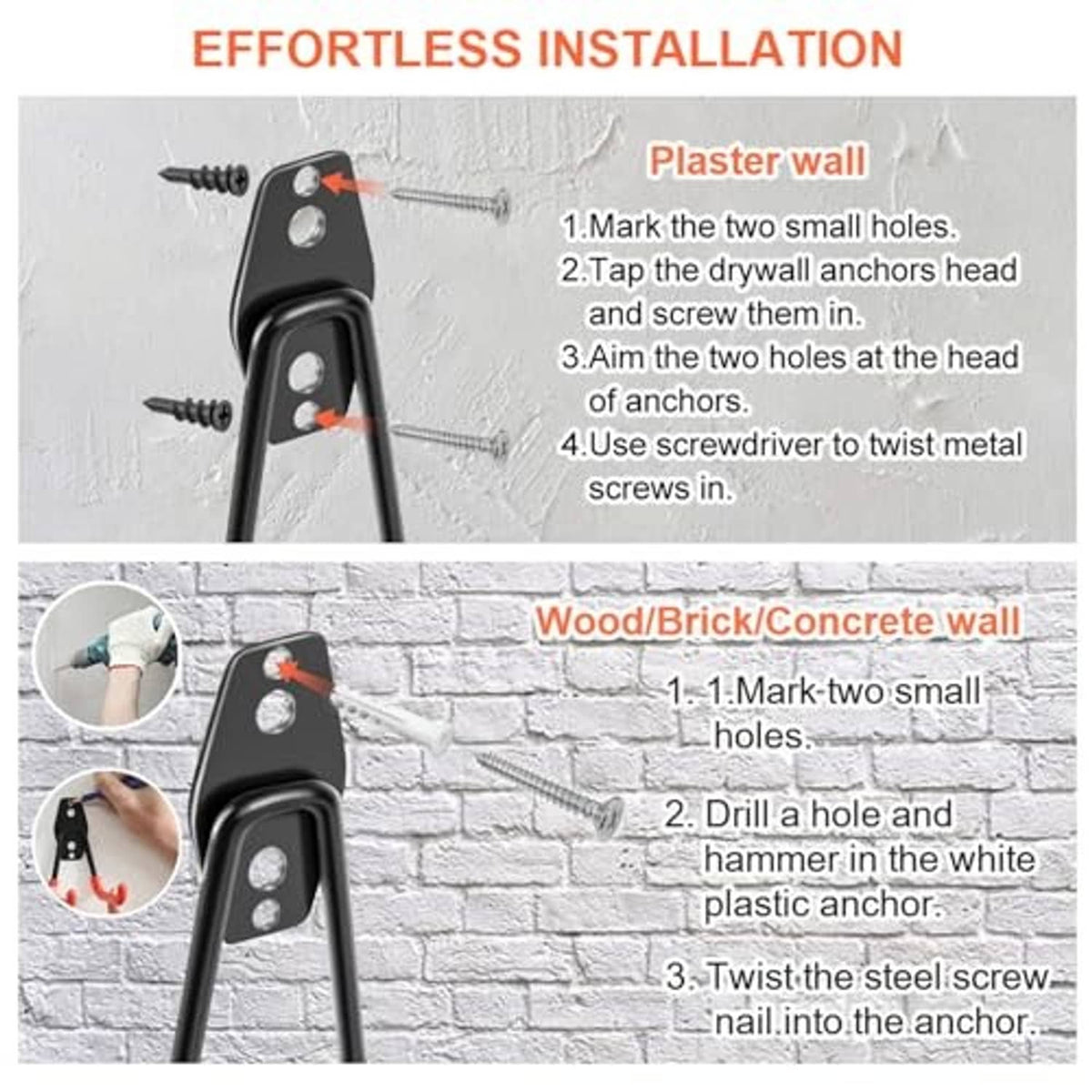 Heavy-duty garage hooks with mounting hardware for plaster wall and brick wall