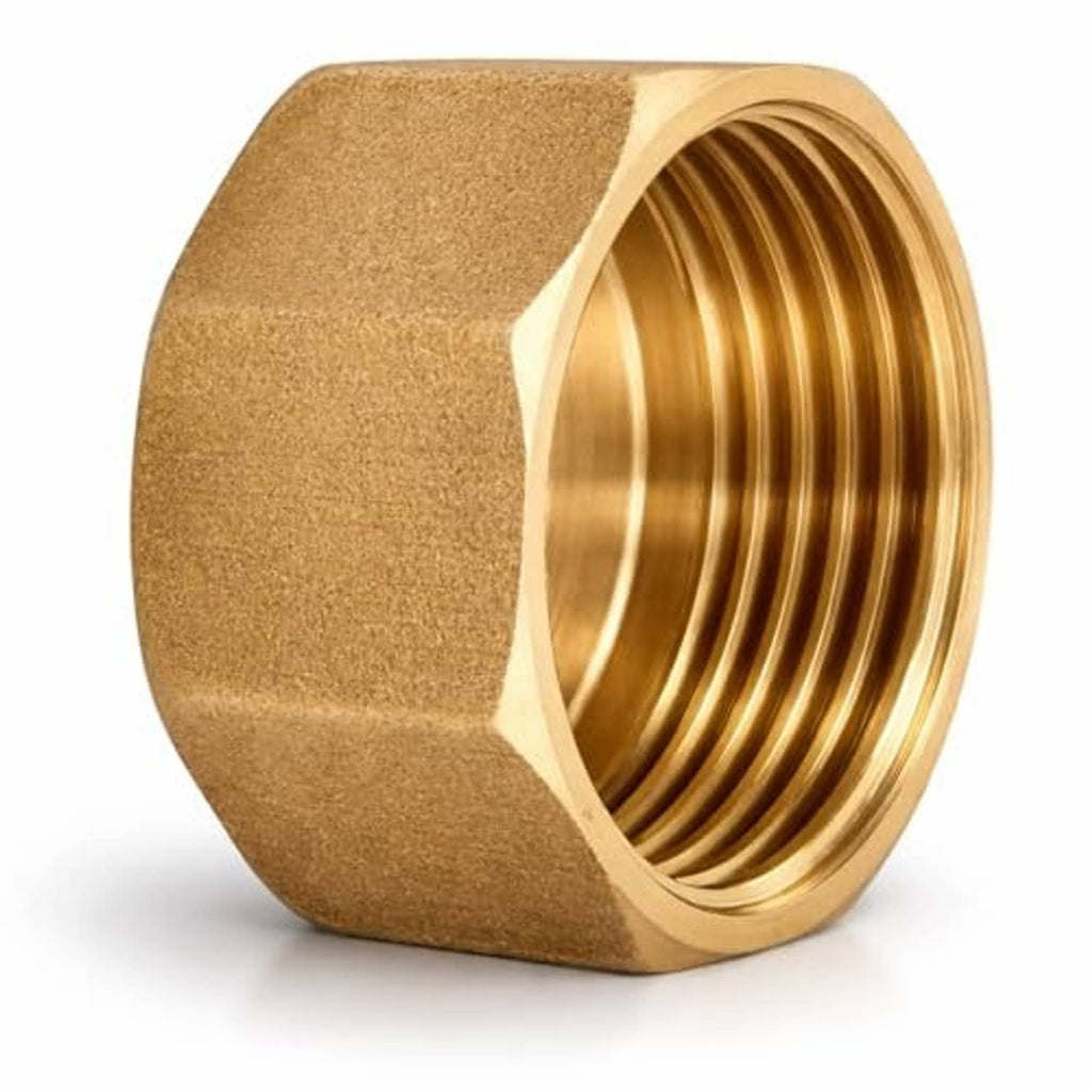 Brass NPT female pipe cap showing open bore with internal threads and hex body