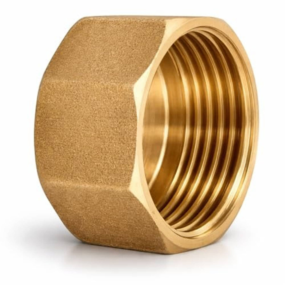 Brass NPT female pipe cap showing open bore with internal threads and hex body
