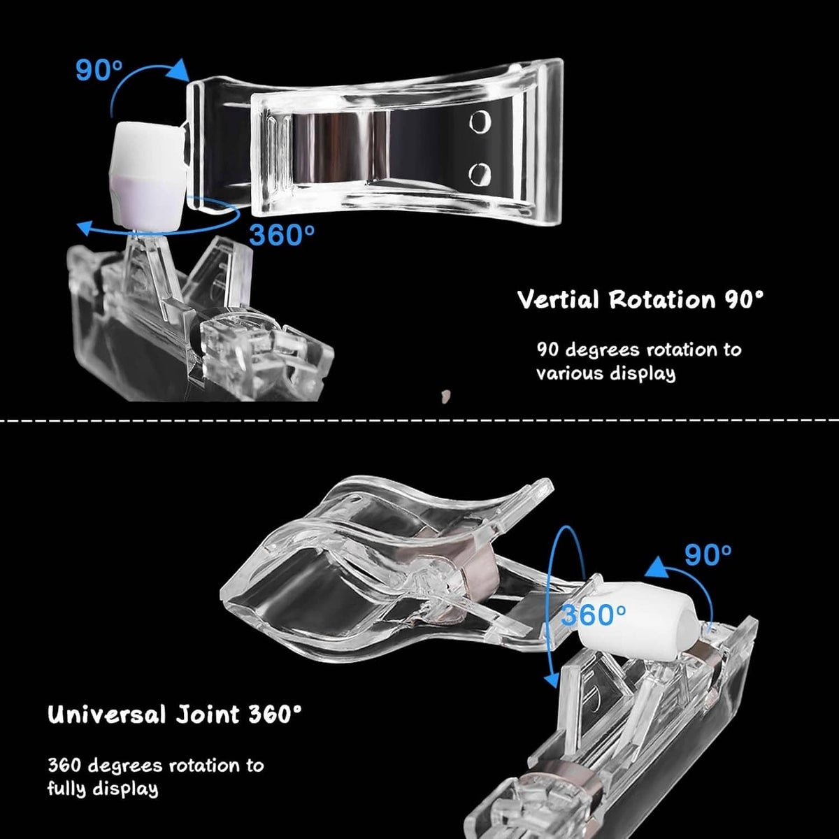 Clear sign holder clips, transparent rotatable display holder with 90° and 360° adjustment