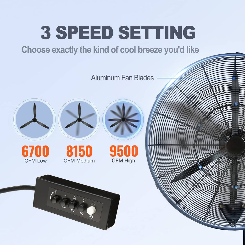 Black wall-mount misting fan showing front grille and 3-speed control panel