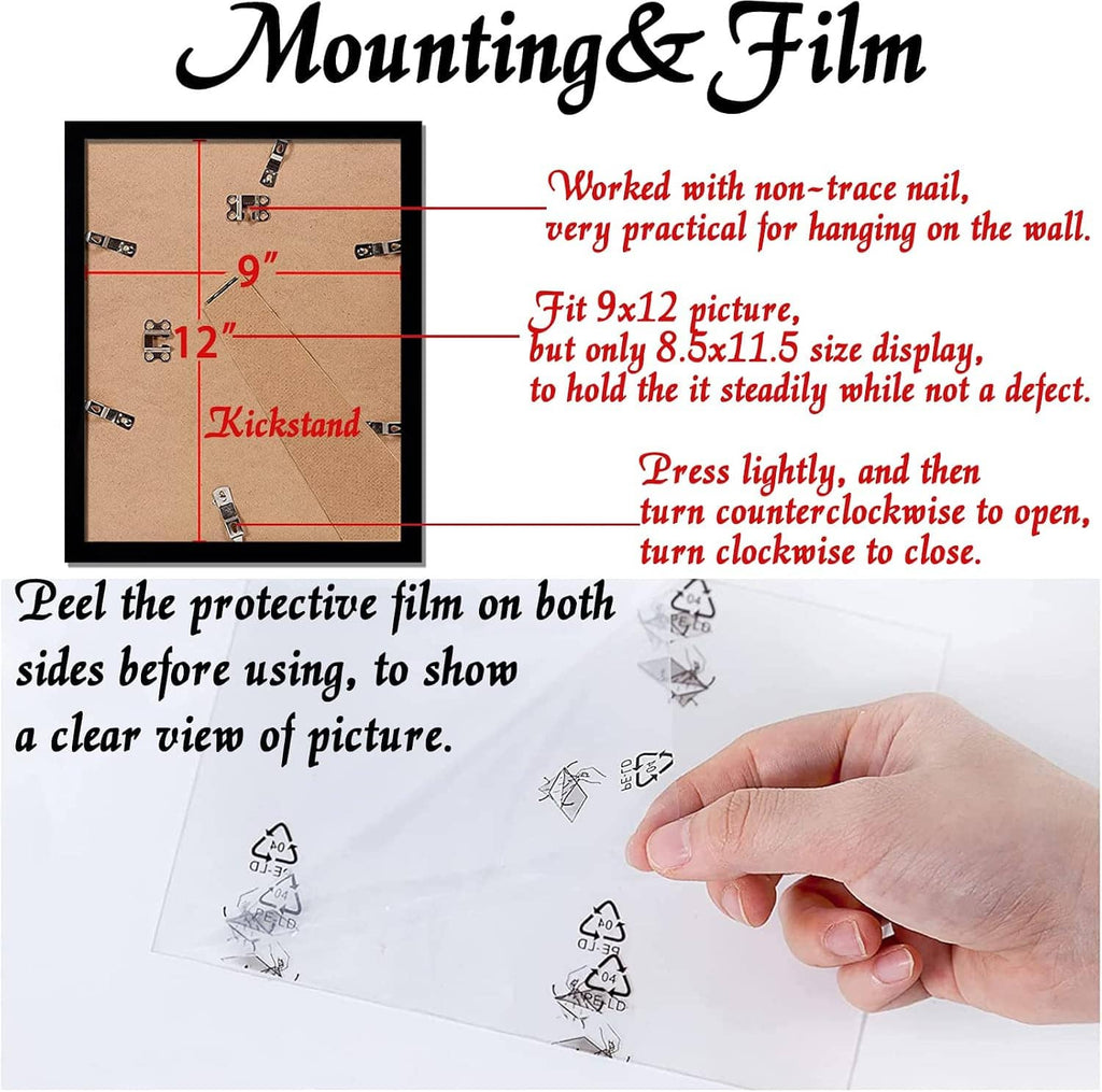 Picture frame mounting view with hand removing protective film before use.