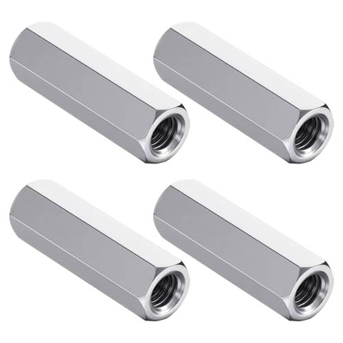 Four hex coupling nuts with internal threads, silver finish, angled product view