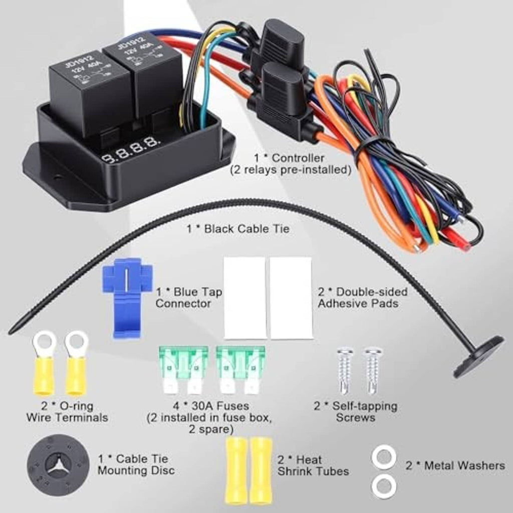 Digital DC12V radiator fan controller switch kit with display, relays, harness and fuse holders