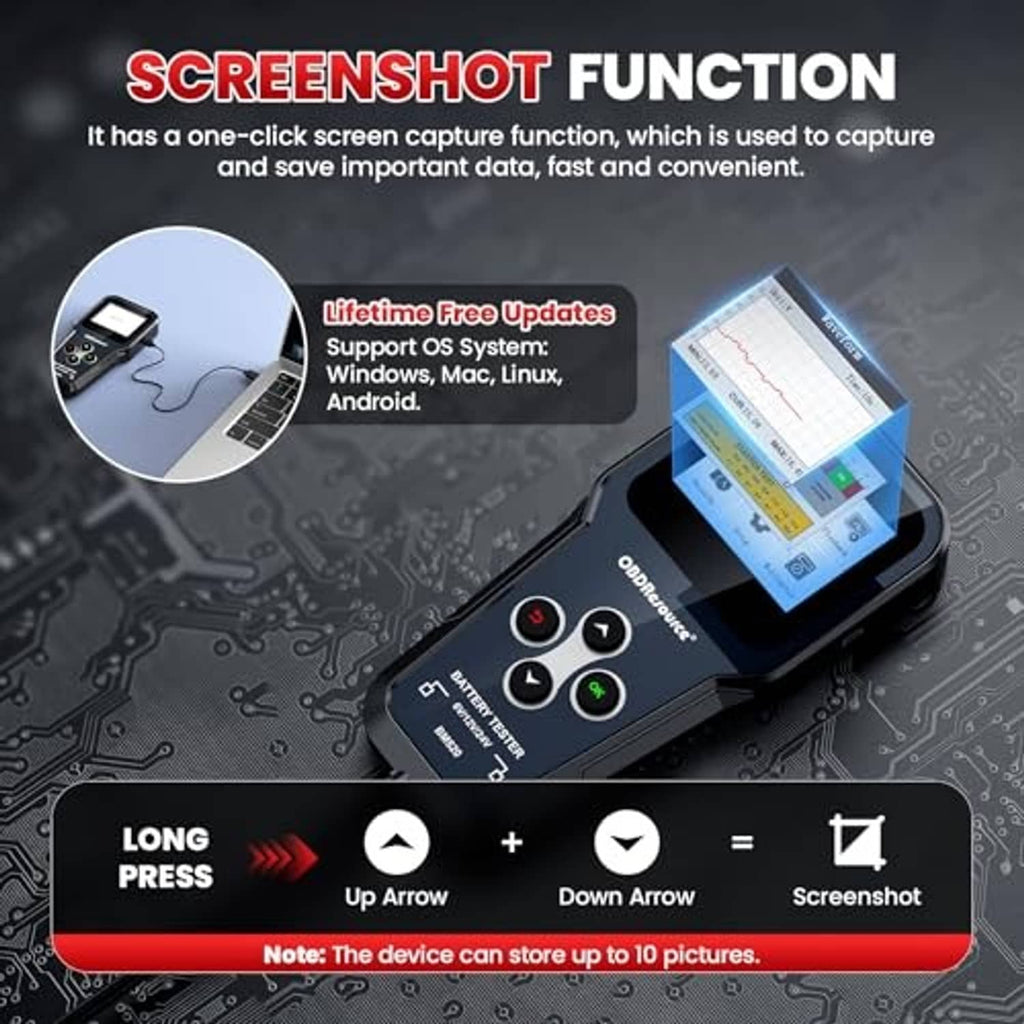 Handheld car battery tester with screenshot interface on display and button controls