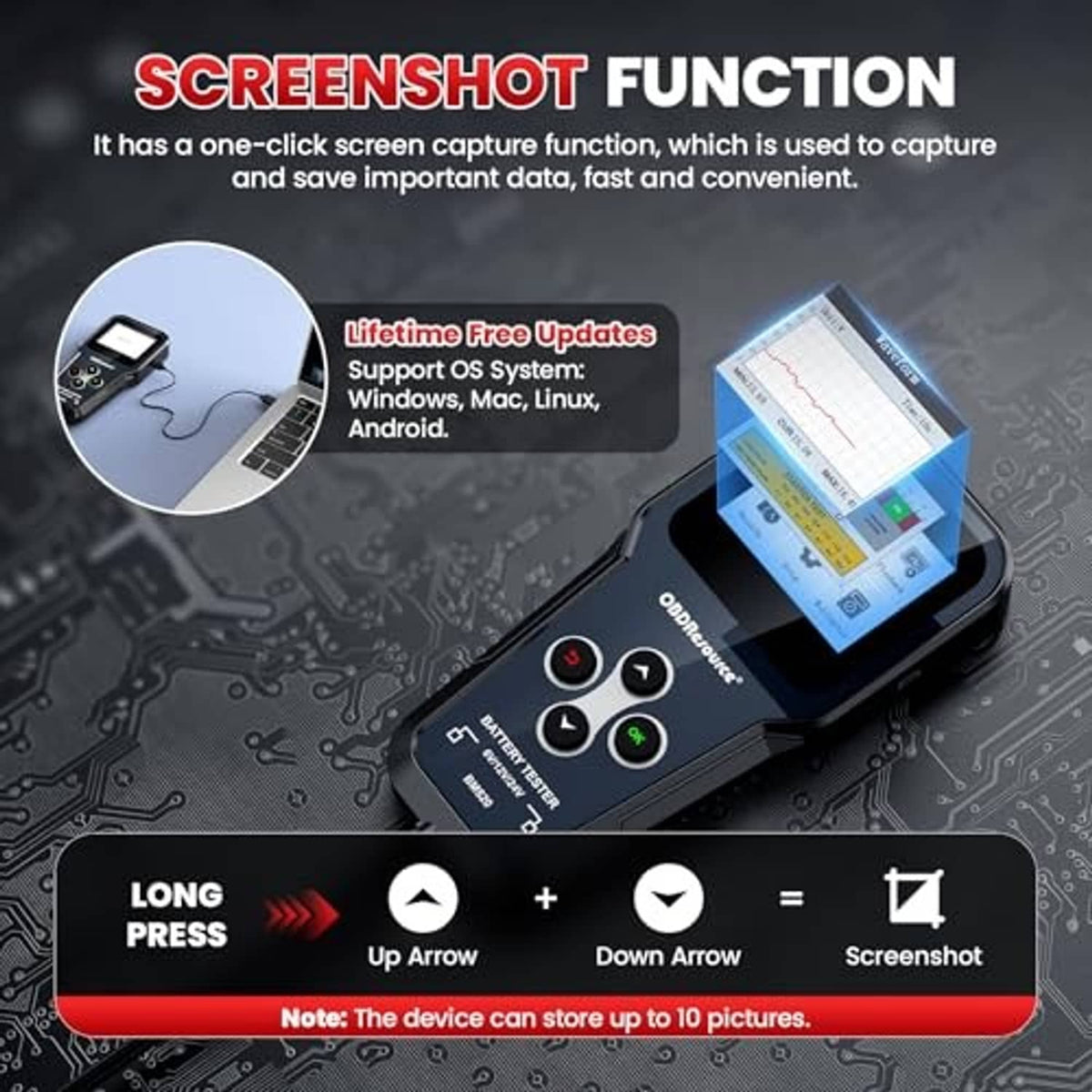 Handheld car battery tester with screenshot interface on display and button controls