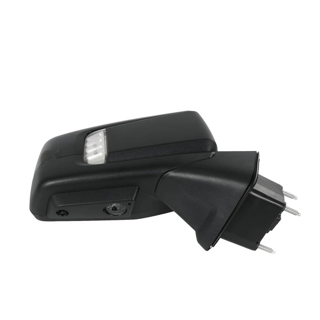 Black side mirror assembly with underside sensor opening and turn-signal lens