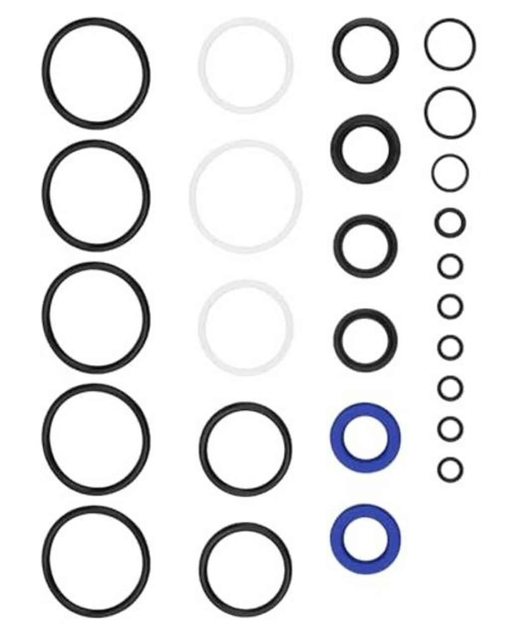 Tilt trim seal kit with mixed black O-rings and blue accent rings, assorted sizes