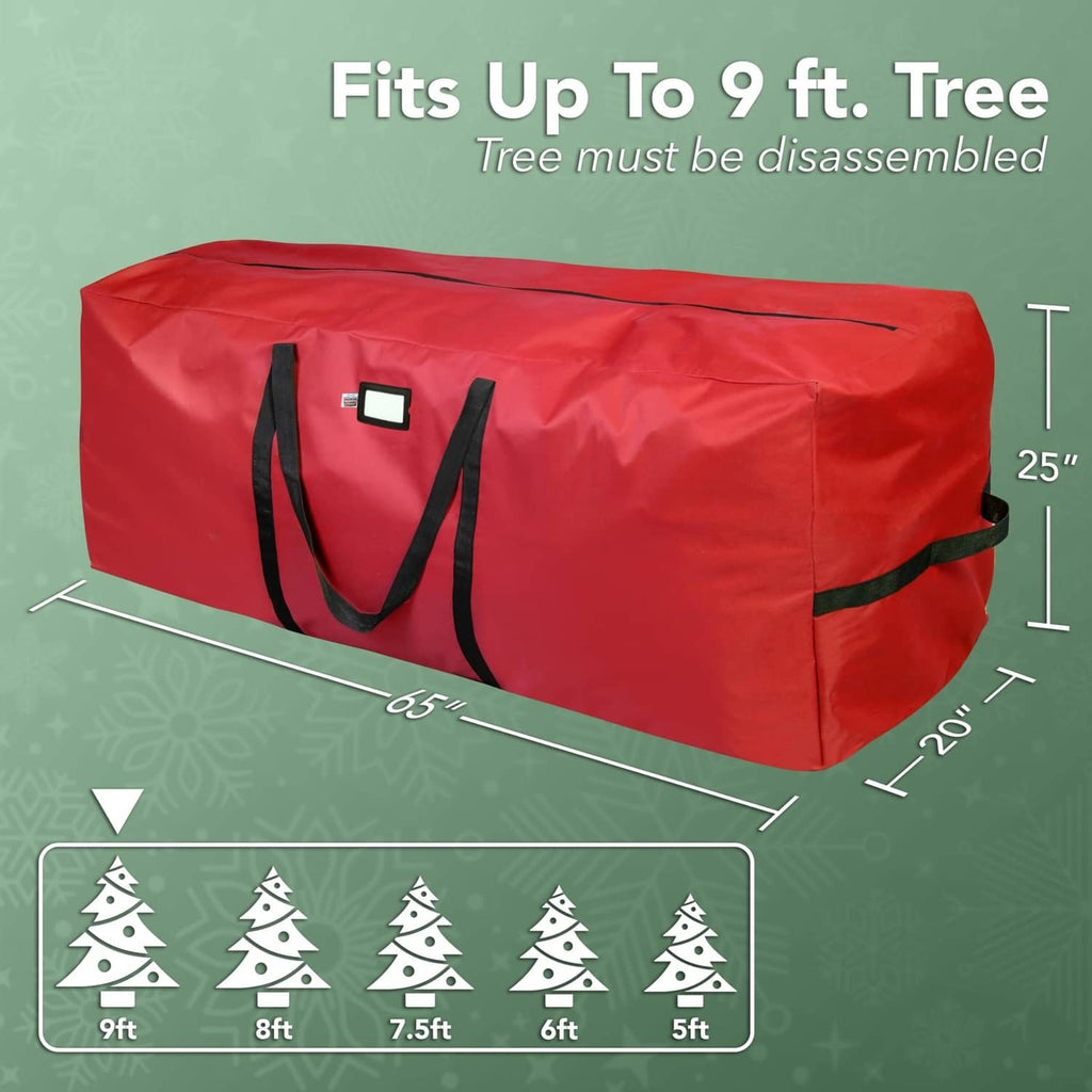 Red Christmas tree storage bag for up to 9 ft tree, with black handles and straps