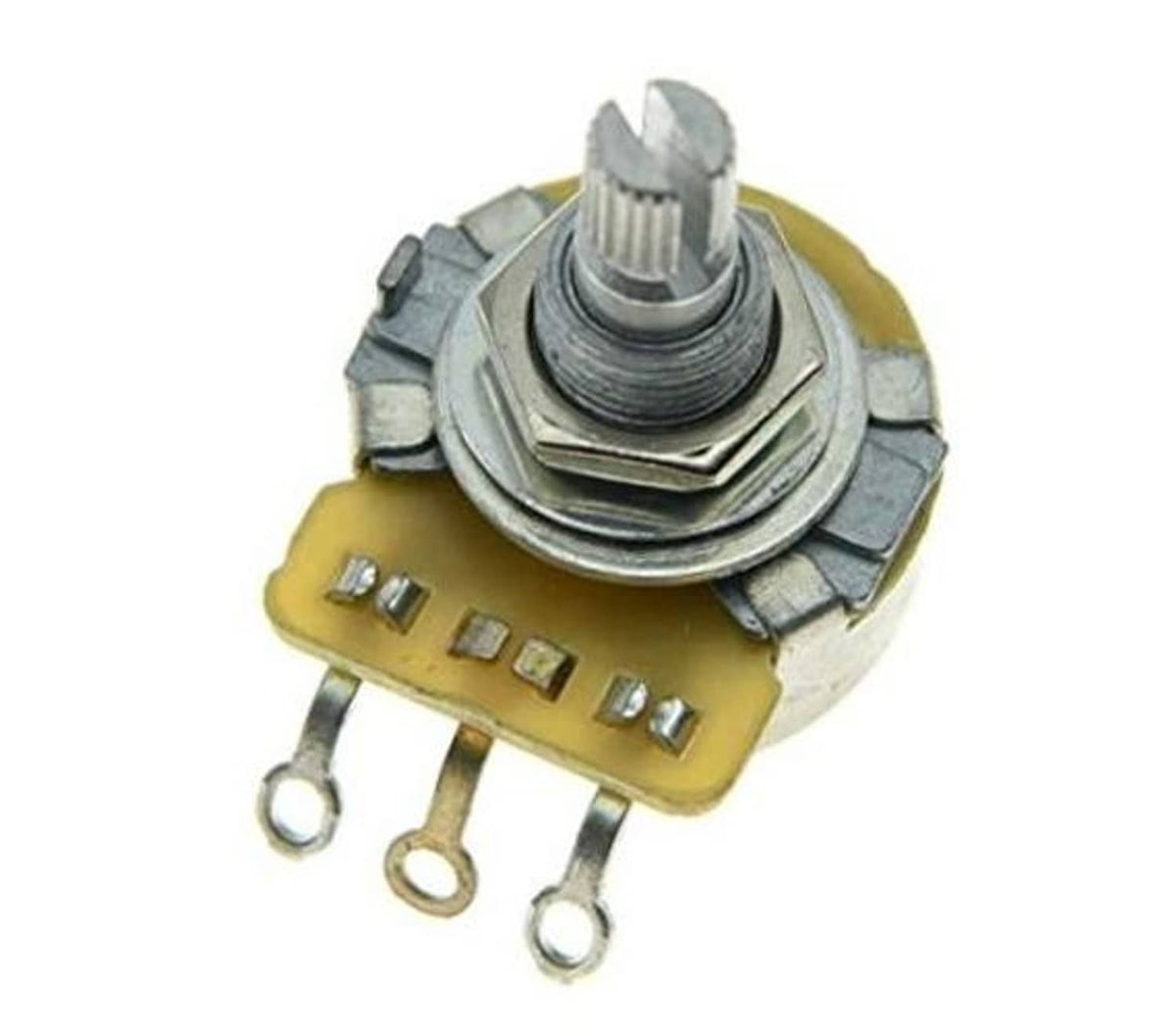 Electric guitar potentiometer with metal shaft, screws, and mounting lugs