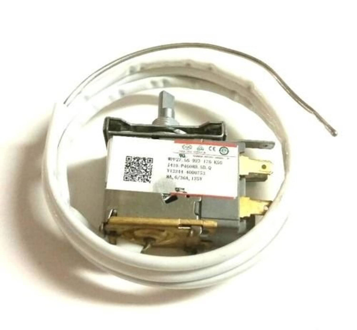 Refrigerator thermostat control with label, metal bracket, and white wire leads