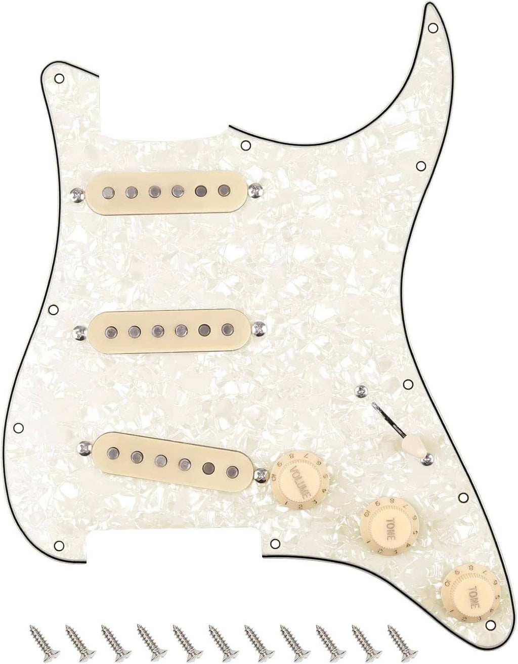 Loaded Stratocaster pickguard, cream pearloid, three pickups, prewired control knobs
