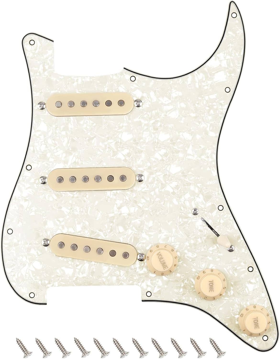 Loaded Stratocaster pickguard, cream pearloid, three pickups, prewired control knobs