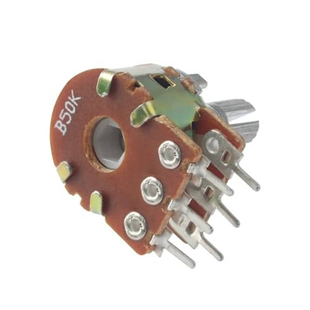 Dual potentiometer module, brown PCB with metal shaft and 6-pin terminal block