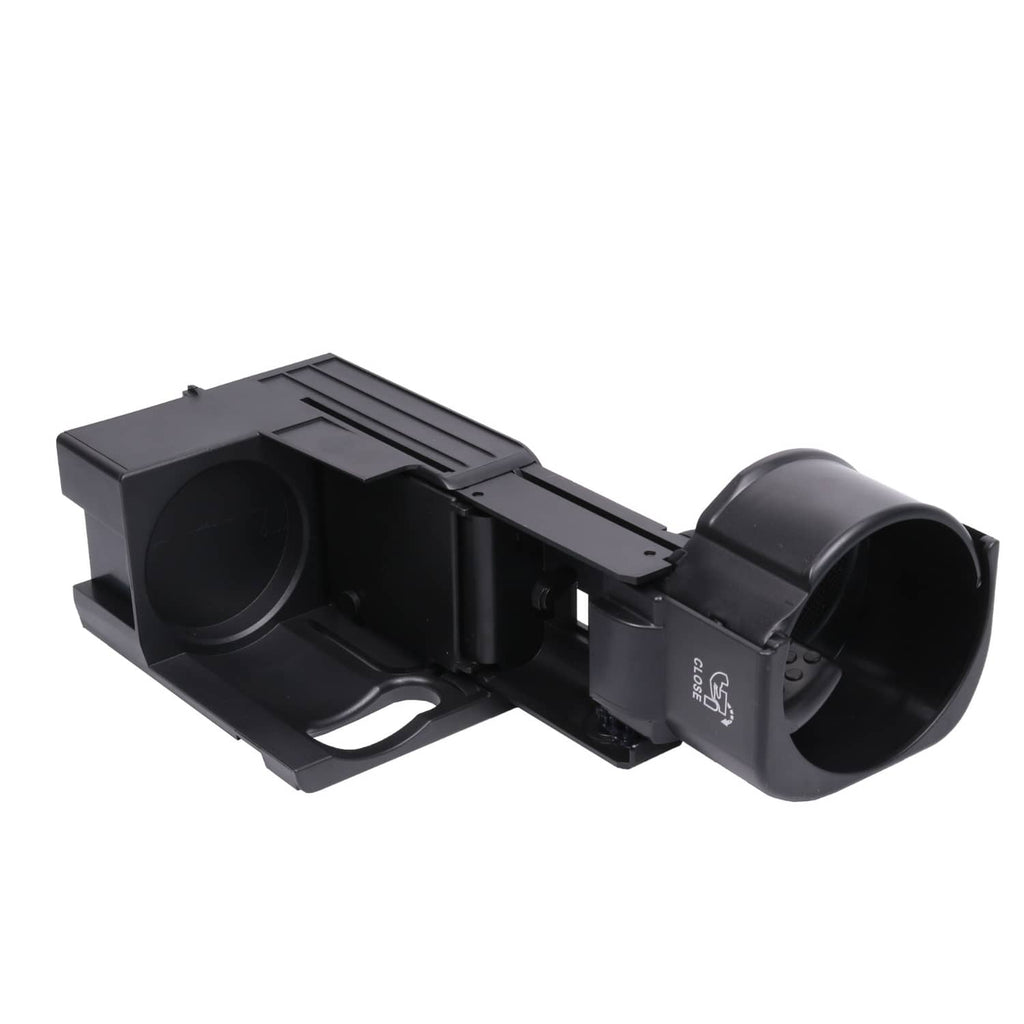 Retractable front cup holder with two cup openings, black plastic housing
