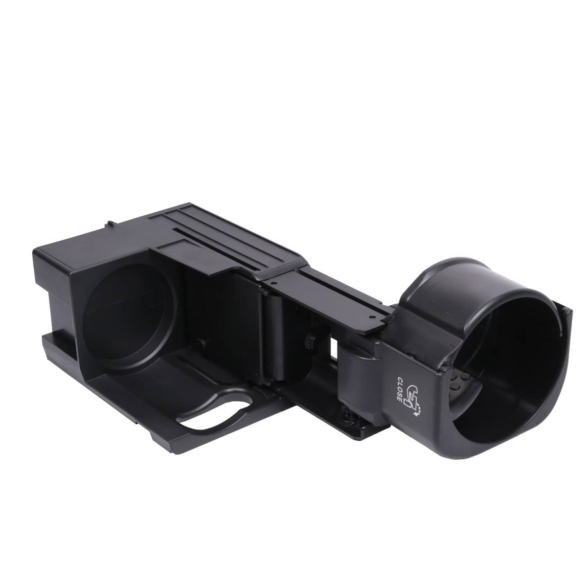 Retractable front cup holder with two cup openings, black plastic housing