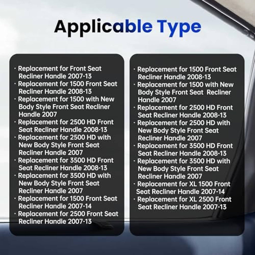 Dark gray recliner handle shown with compatibility text on a dashboard background