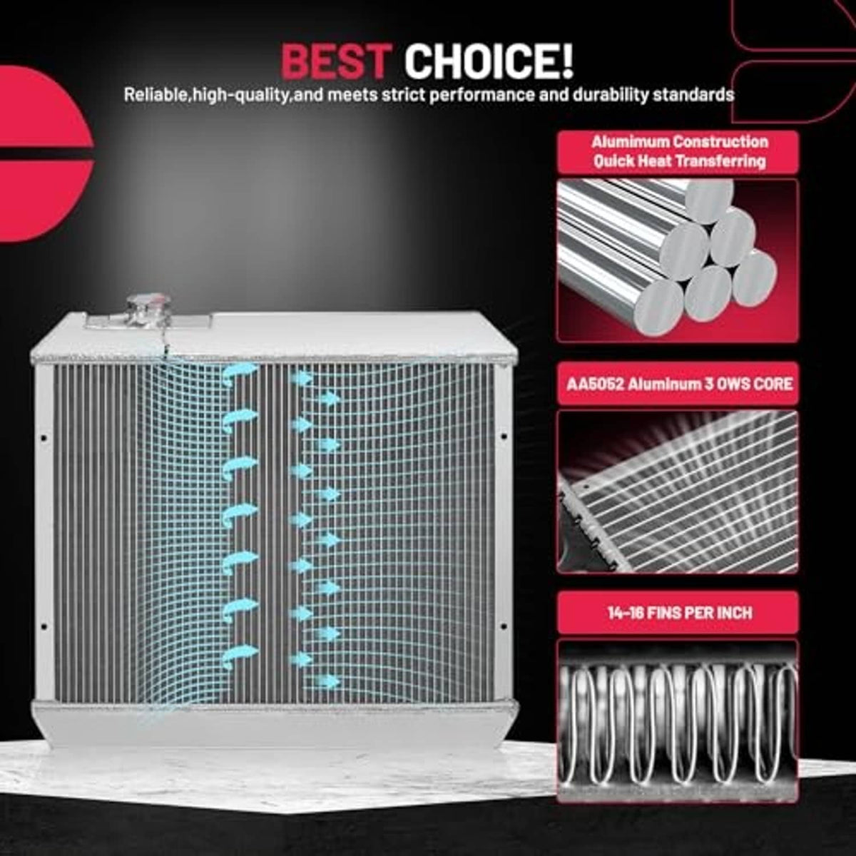 3-row aluminum radiator with cap, silver frame and dark core with airflow fins