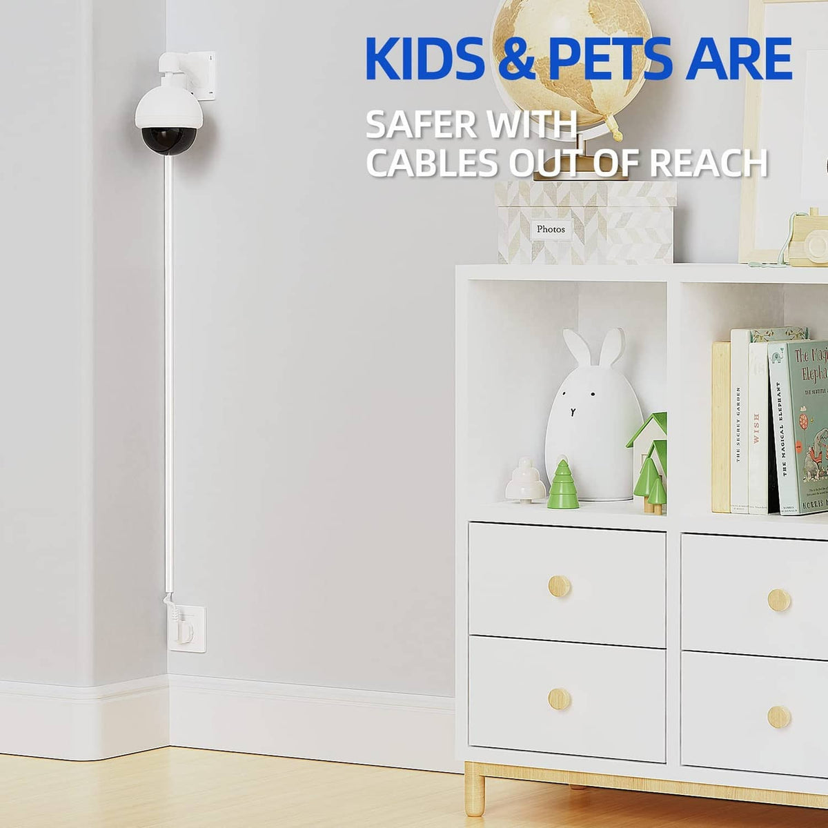 White cord hider raceway running from outlet along the wall, cords kept out of reach