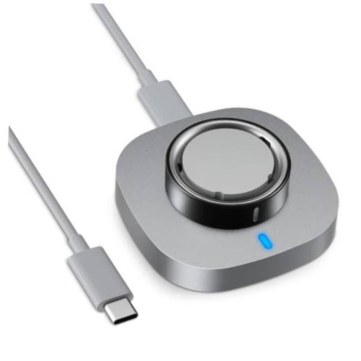 Gray charging dock with circular ring cradle and USB-C cable