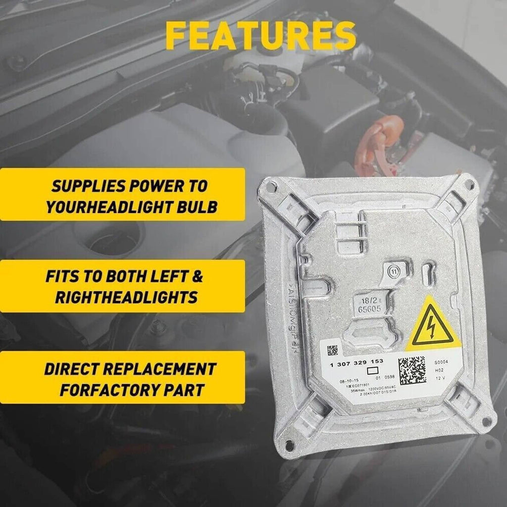Silver HID ballast module shown with front panel warning triangle and mounting feet
