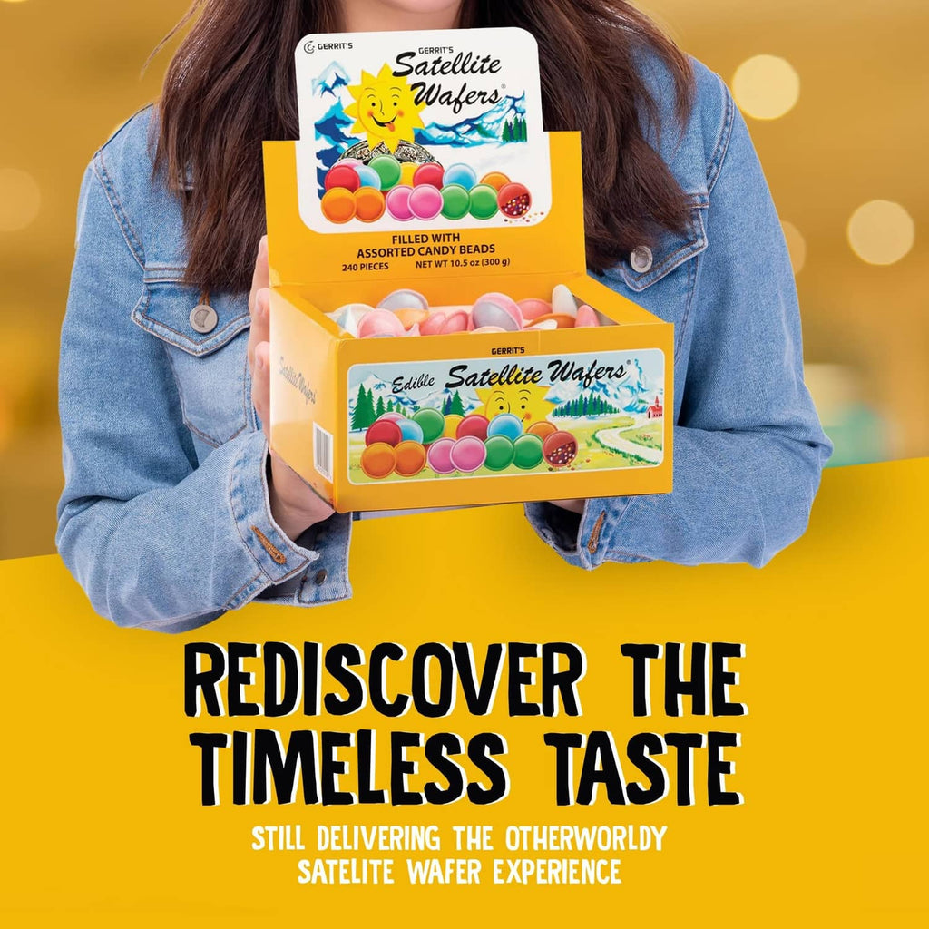 Person holding Gerrit’s Satellite Wafers candy pack with colorful bead assortment