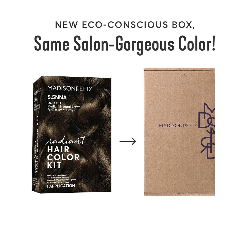 Radiant hair color kit in eco-conscious kraft-style box with Madison Reed logo.
