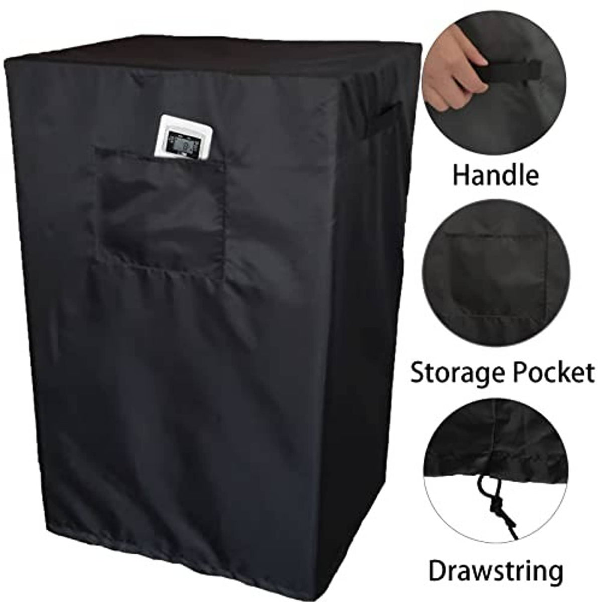 Black AC cover with built-in handle, storage pocket, and drawstring closure