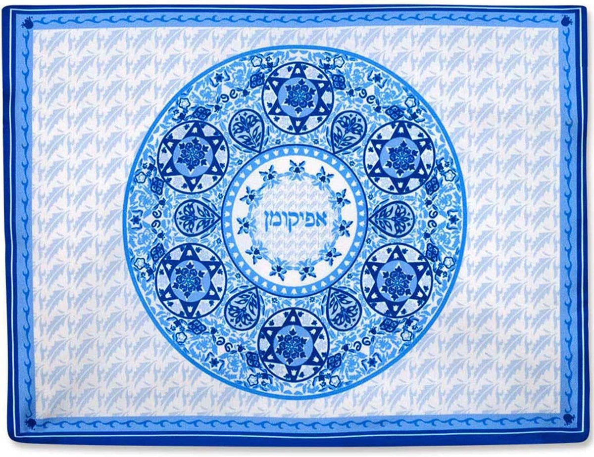 Blue-and-white square Passover table centerpiece with central circular medallion design