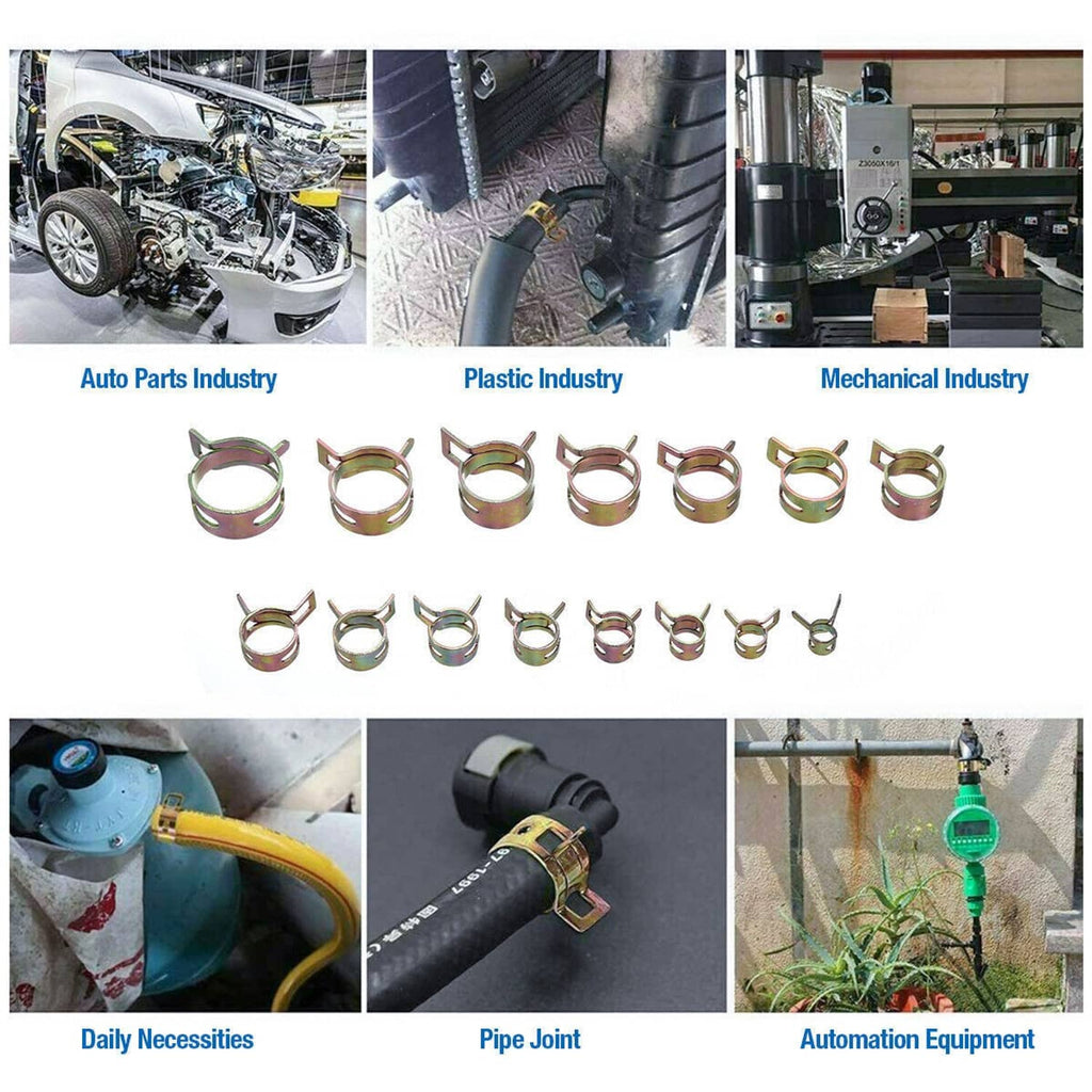 Spring hose clamp set shown in use scenarios with multiple clamps on display