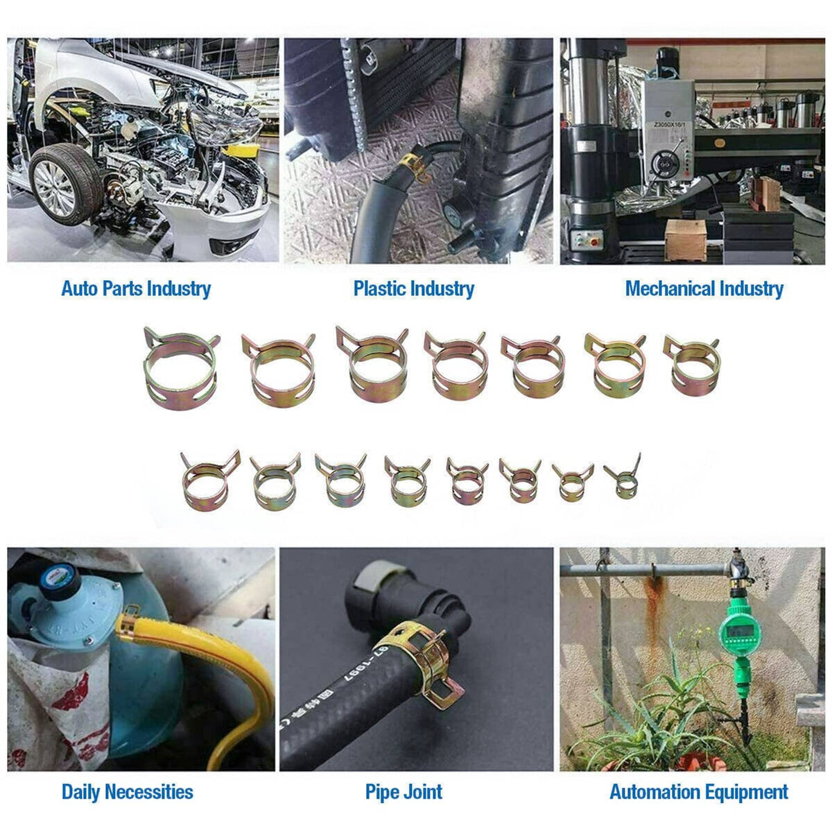 Spring hose clamp set shown in use scenarios with multiple clamps on display