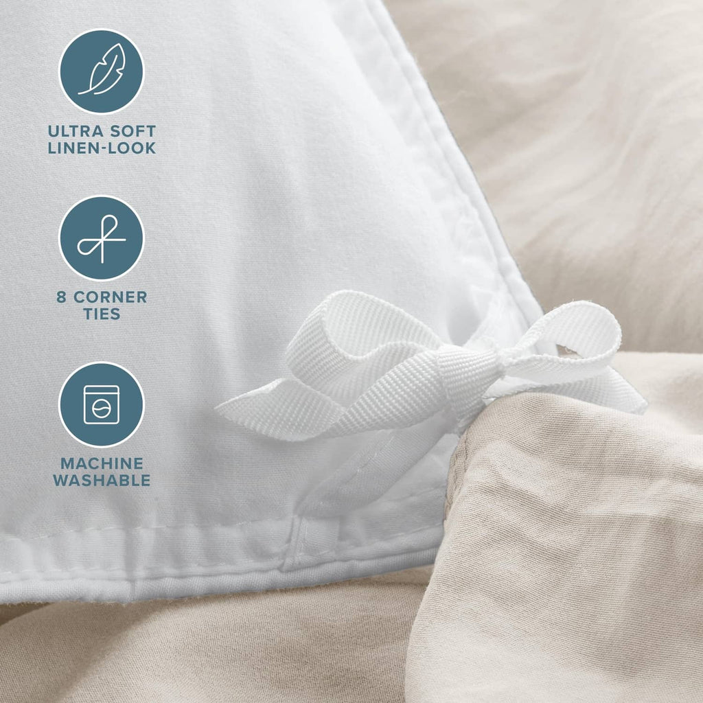 Fog microfiber duvet cover corner ties and ultra-soft linen-look fabric detail