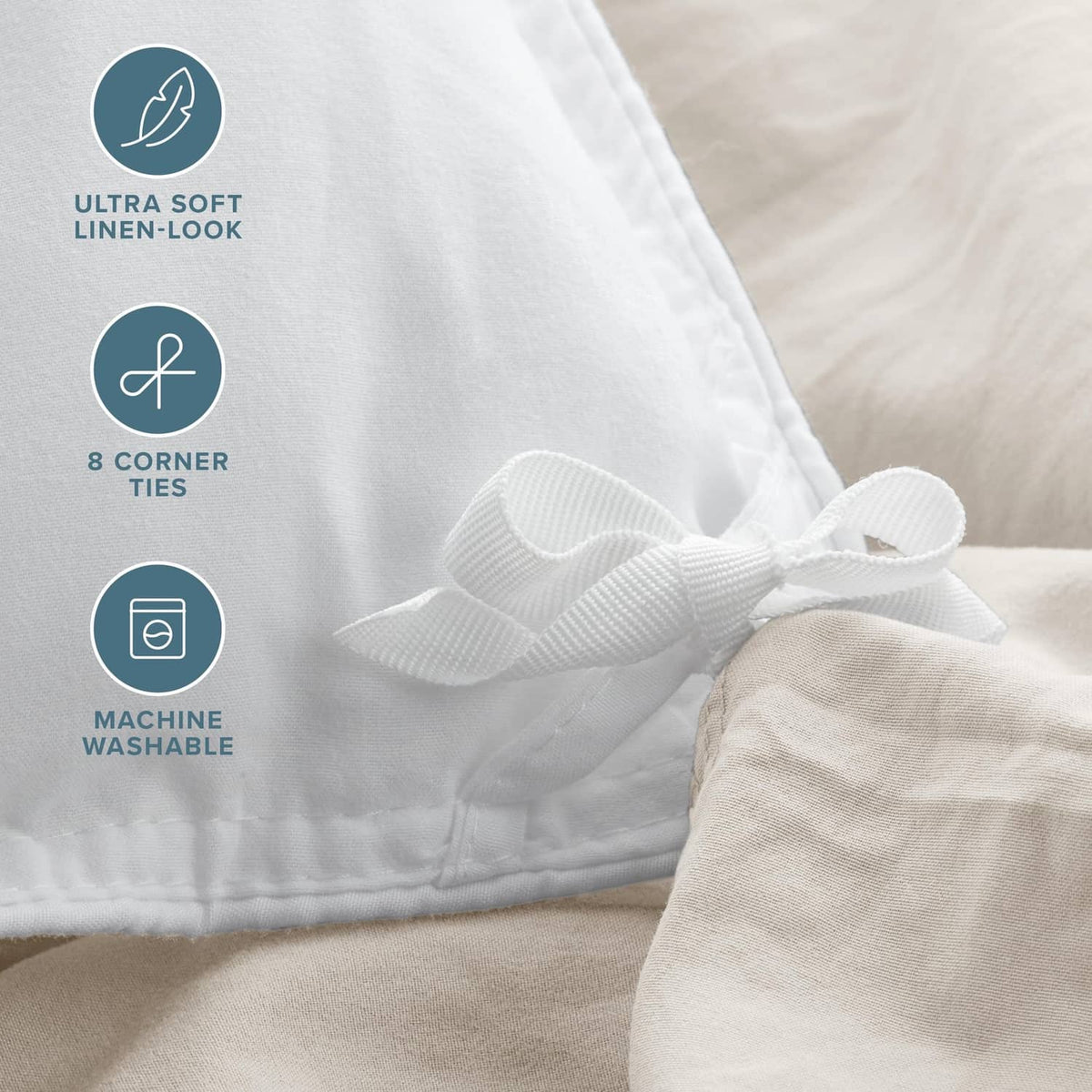 Fog microfiber duvet cover corner ties and ultra-soft linen-look fabric detail