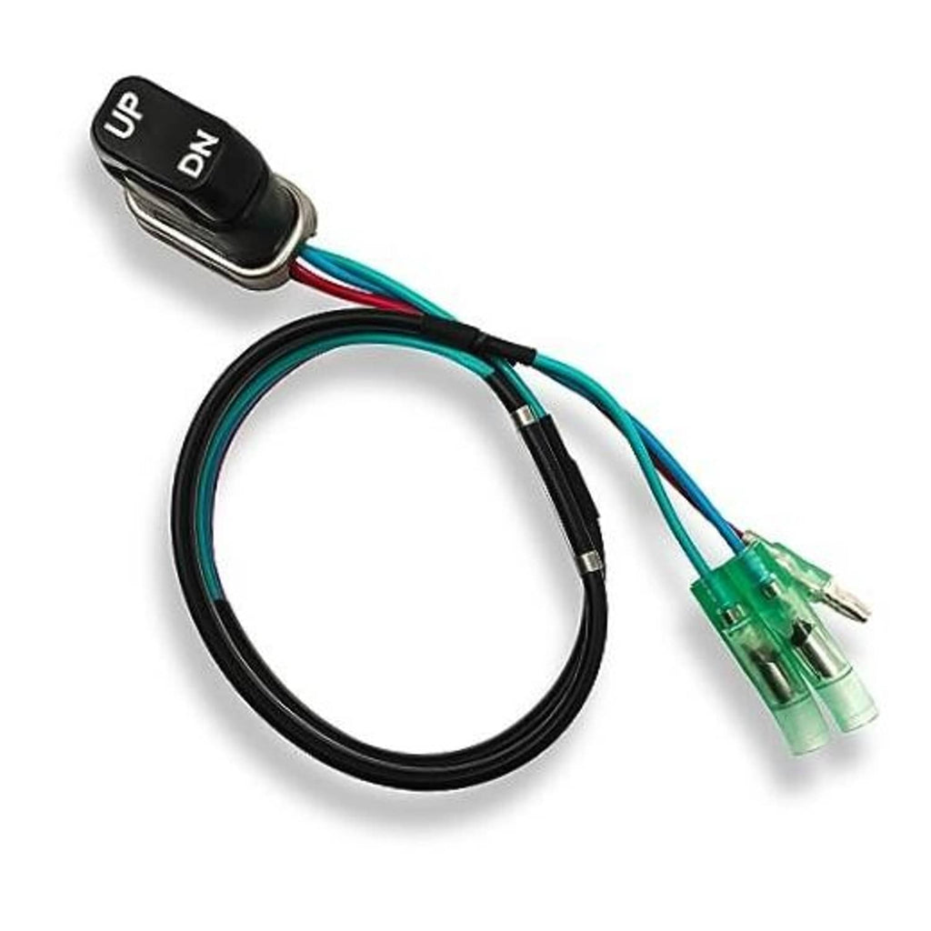 Boat trim switch with black UP/DN button, green connector and colored wire harness
