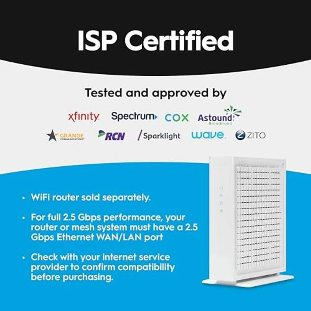 White DOCSIS 3.1 cable modem on vertical stand, front grille visible