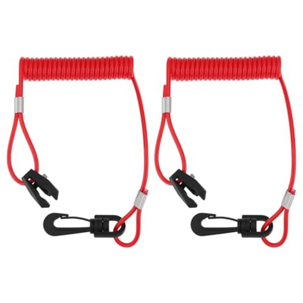 Pair of red coiled kill switch lanyards with black safety clips