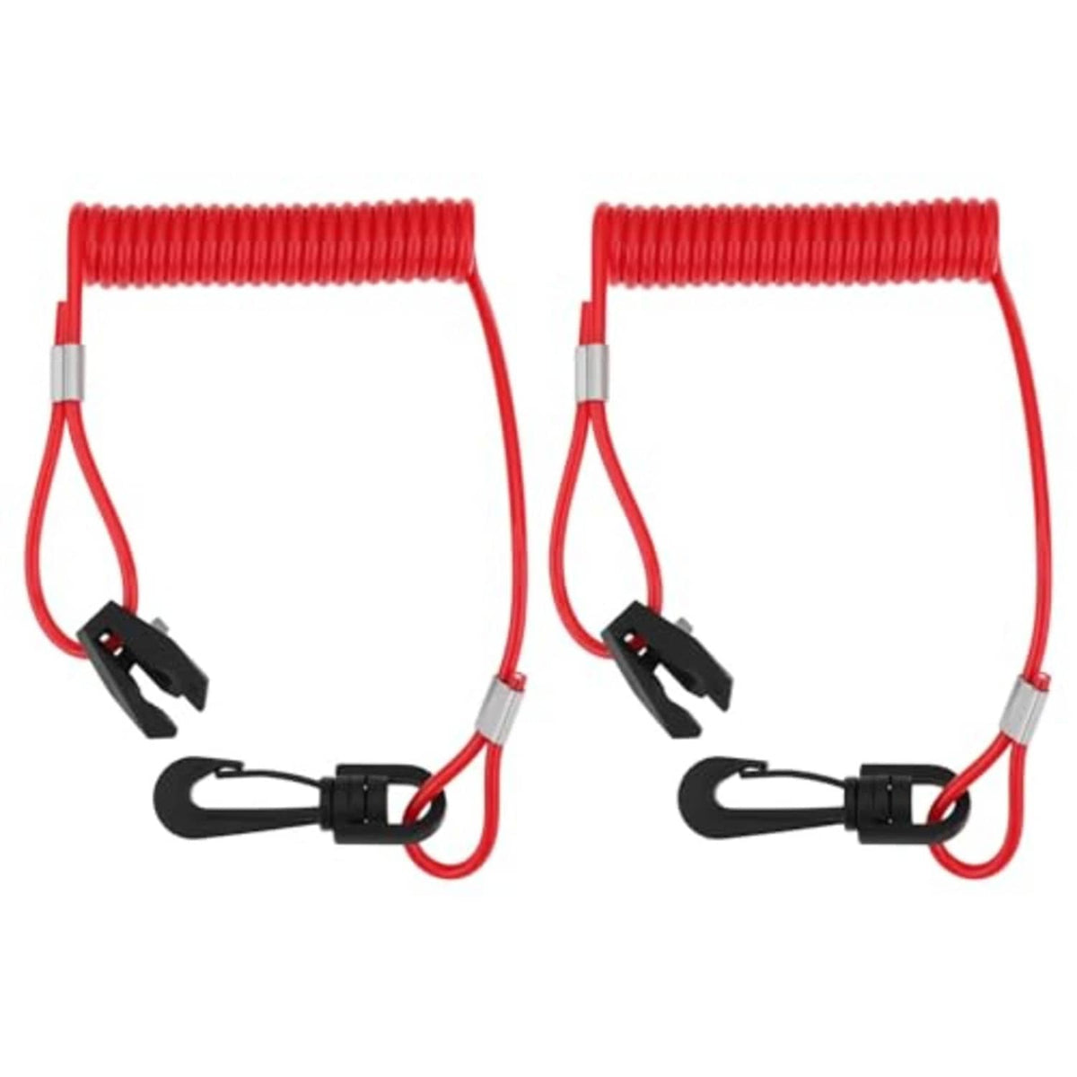 Pair of red coiled kill switch lanyards with black safety clips