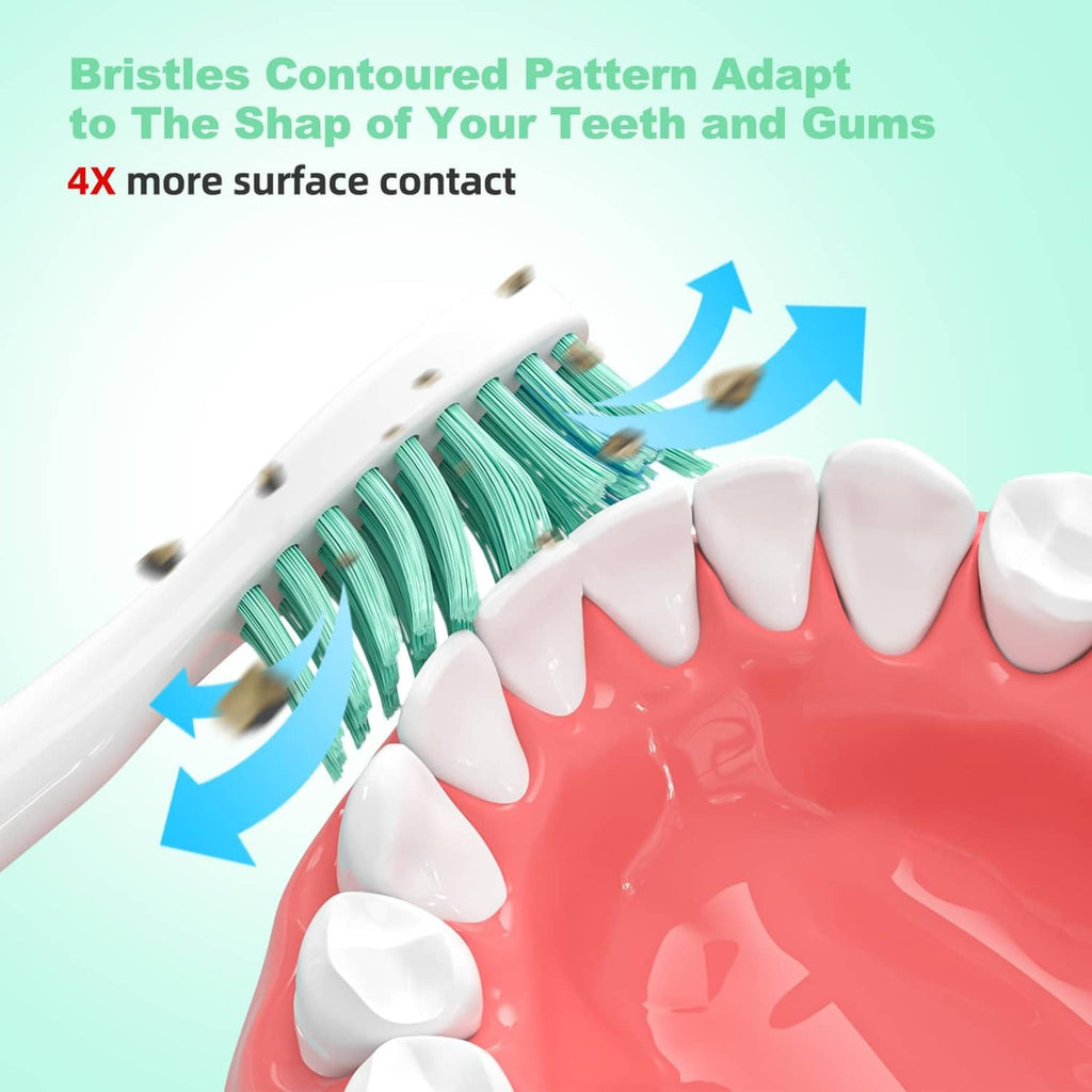Close-up of white toothbrush head with green contoured bristles