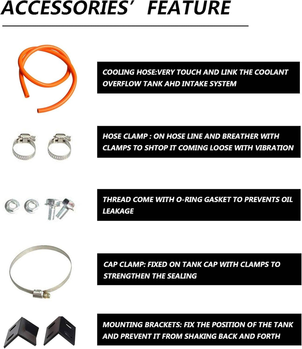 Coolant catch tank accessory kit with hose clamps, o-ring gasket, and mounting brackets